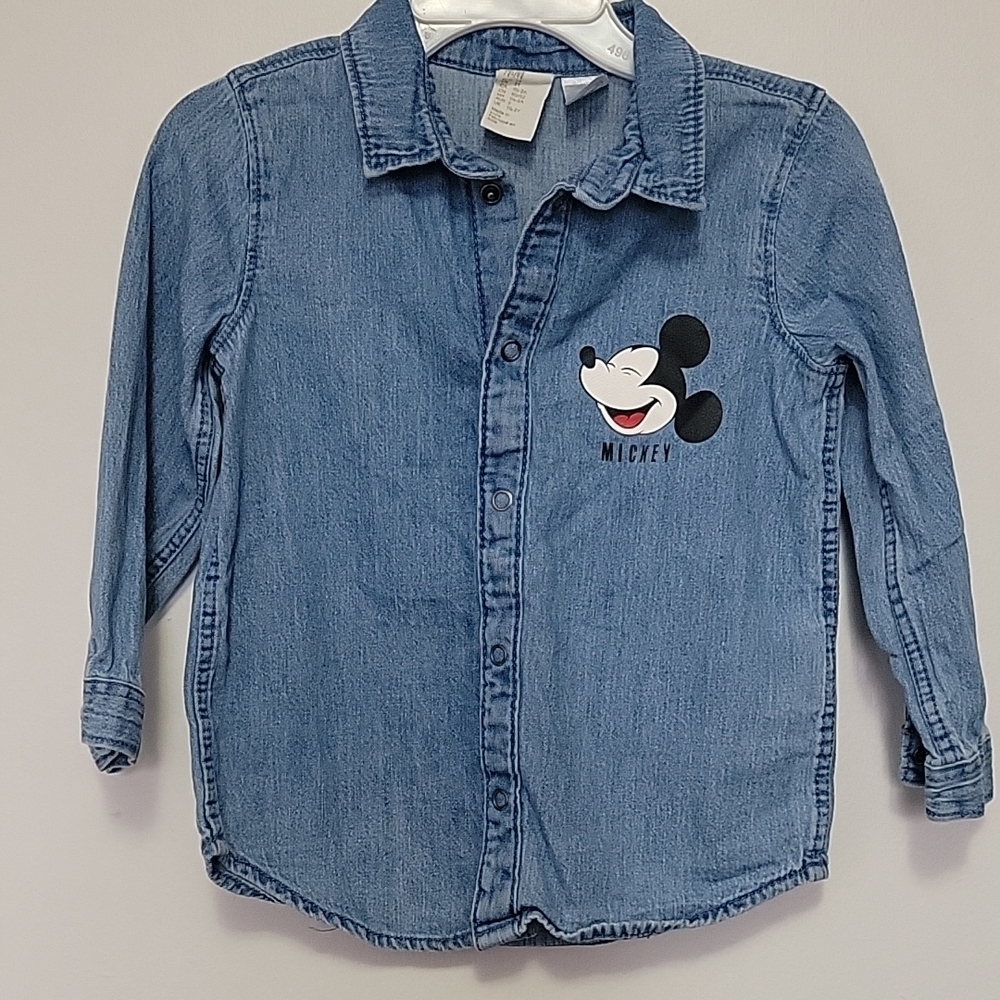 Toddler 2T H&M Disney Mickey Mouse Long Sleeve Snap Light Blue Denim Shirt